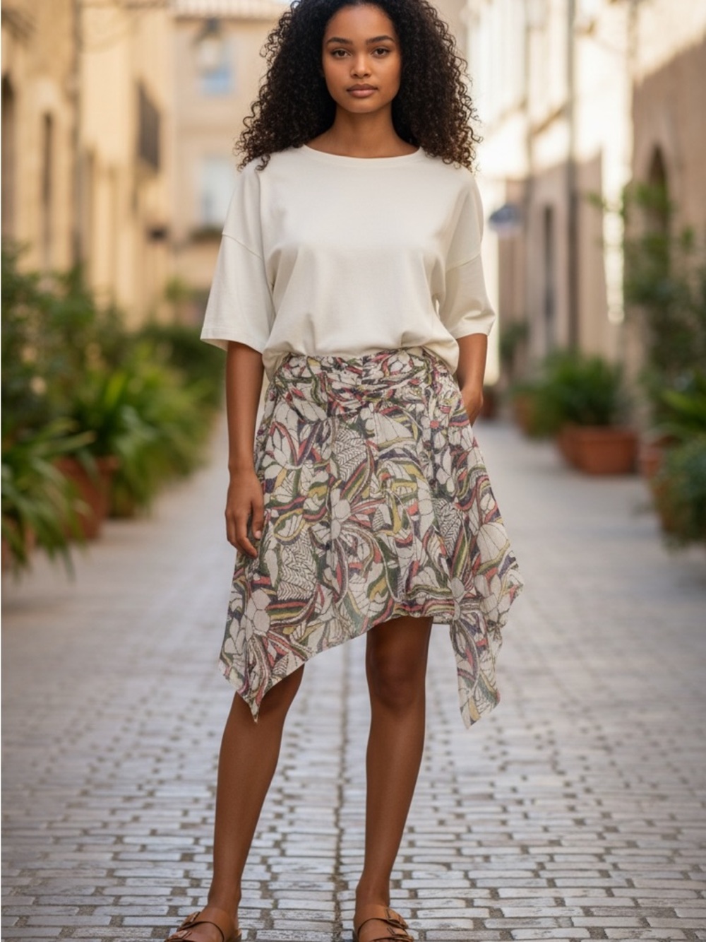 Isabel Marant White Multicolor Abstract Leaf Handkerchief Silk Skirt